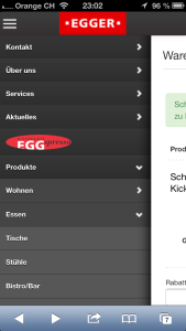 die Navigation von moebelegger.ch im responsive Design auf einem iPhone