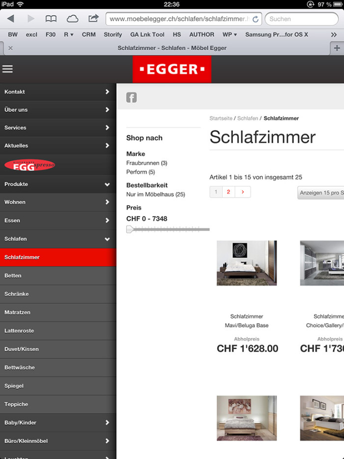 Navigation von moebelegger.ch auf einem iPad (Tablet)