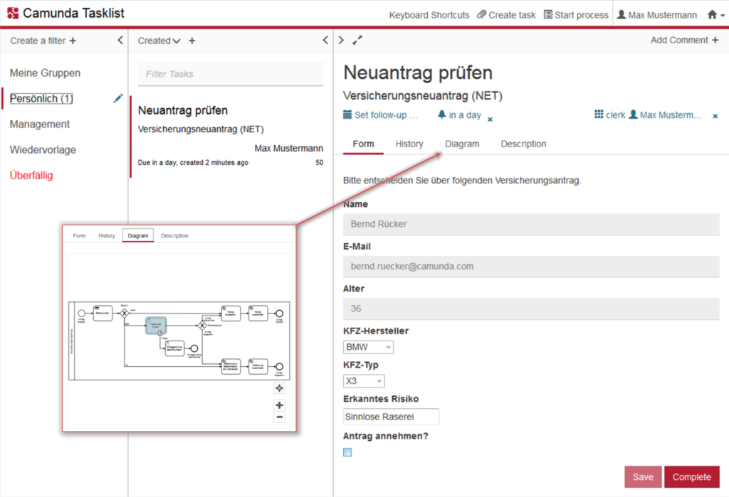 Camunda Tasklist von insign mit einem Beispiel-Task aus dem digitalisierten Workflow für einen Versicherungsantrag