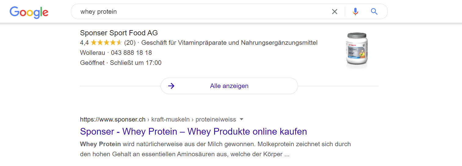Screenshot der Google Suchergebnisse zur Sponser Sport Food Webseite mit Webshop der insign gmbh
