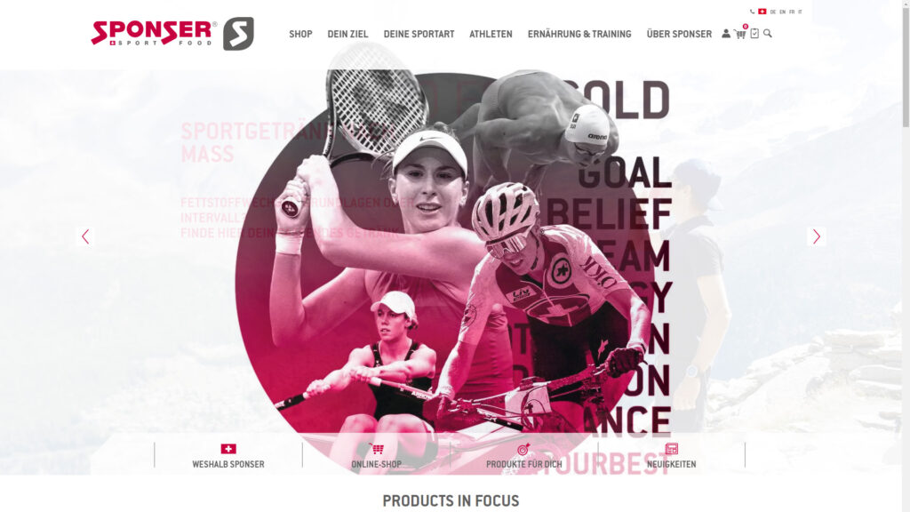 Screenshot der Sponser Sport Food Webseite in der Home Ansicht mit Webshop der insign gmbh