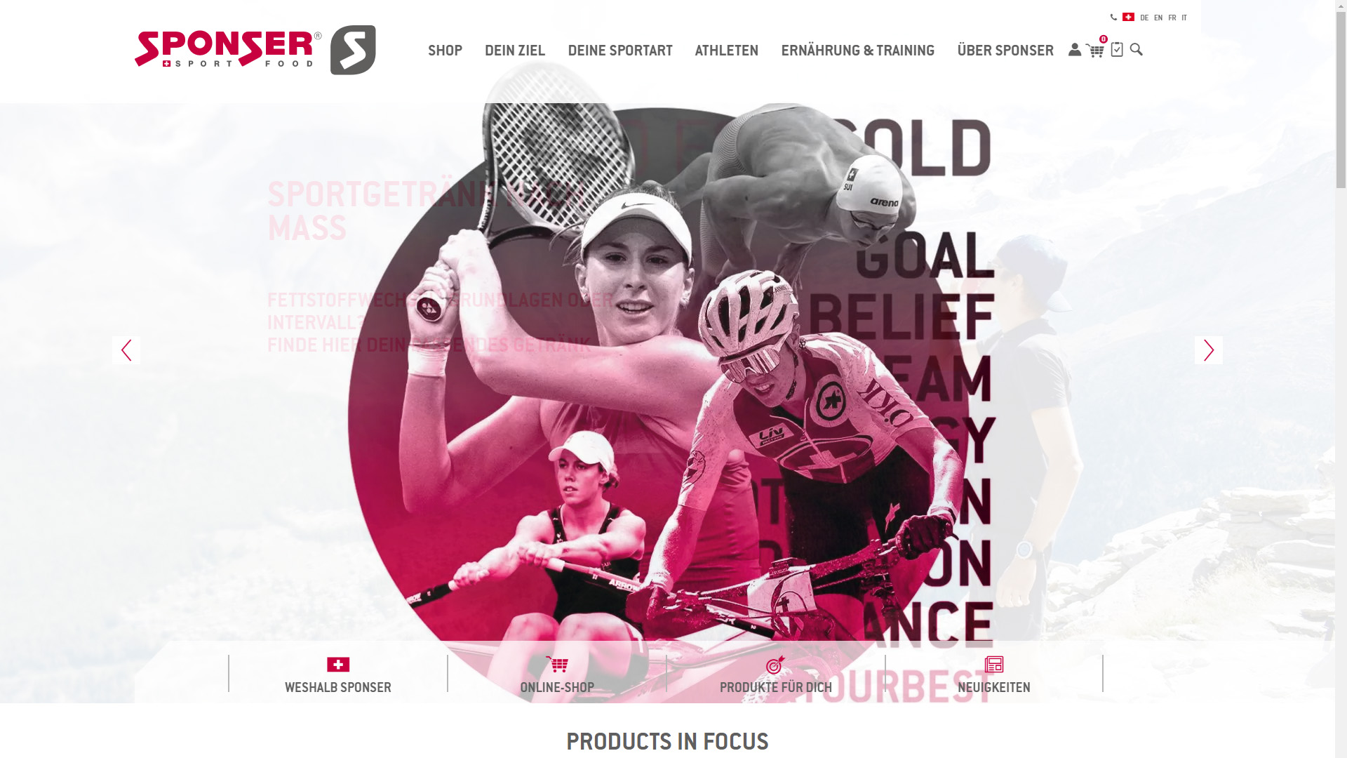 Screenshot der Sponser Sport Food Webseite in der Home Ansicht mit Webshop der insign gmbh