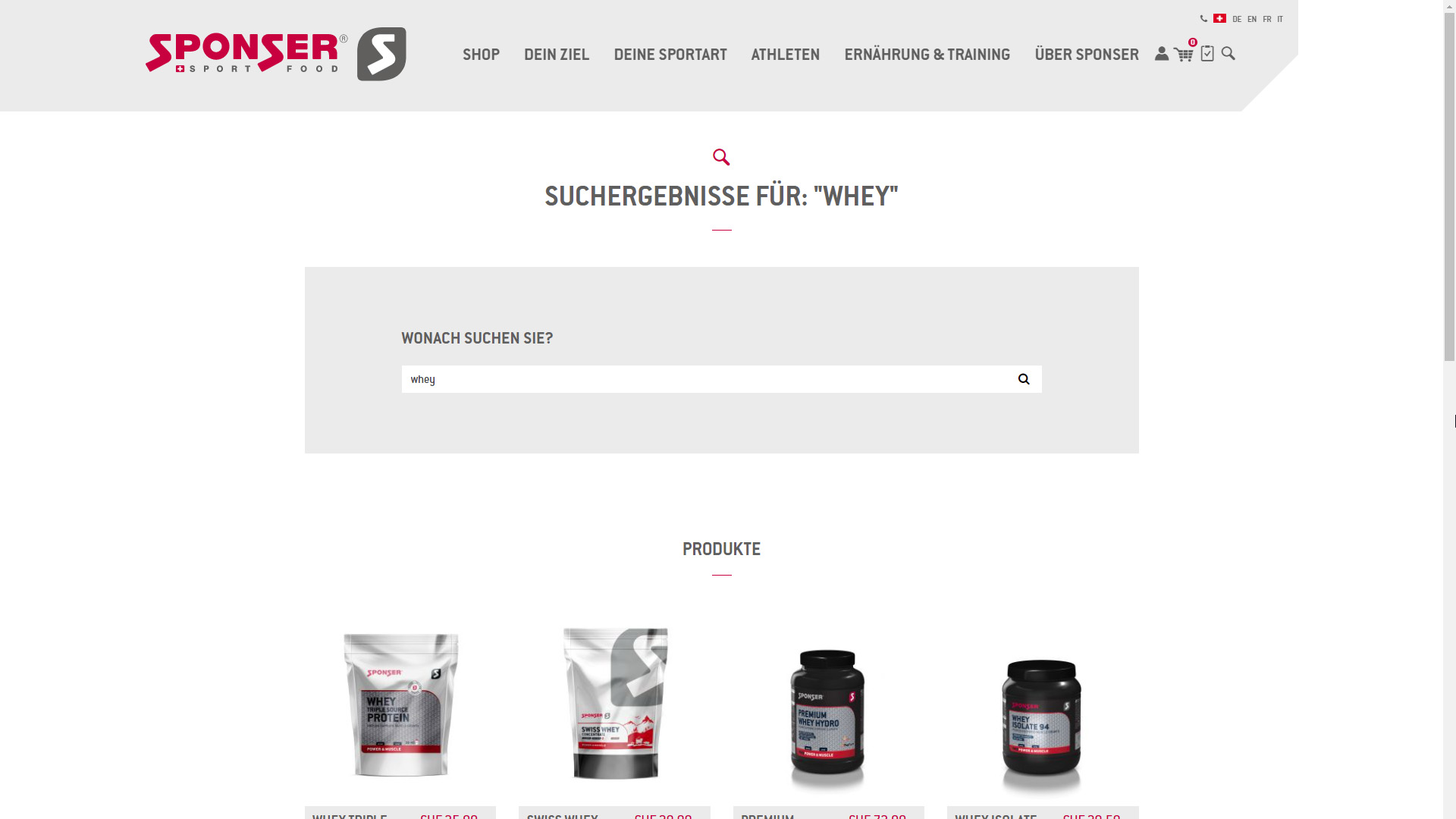 Screenshot der Sponser Sport Food Webseite in der Home Ansicht mit Suchergebnissen im Webshop der insign gmbh